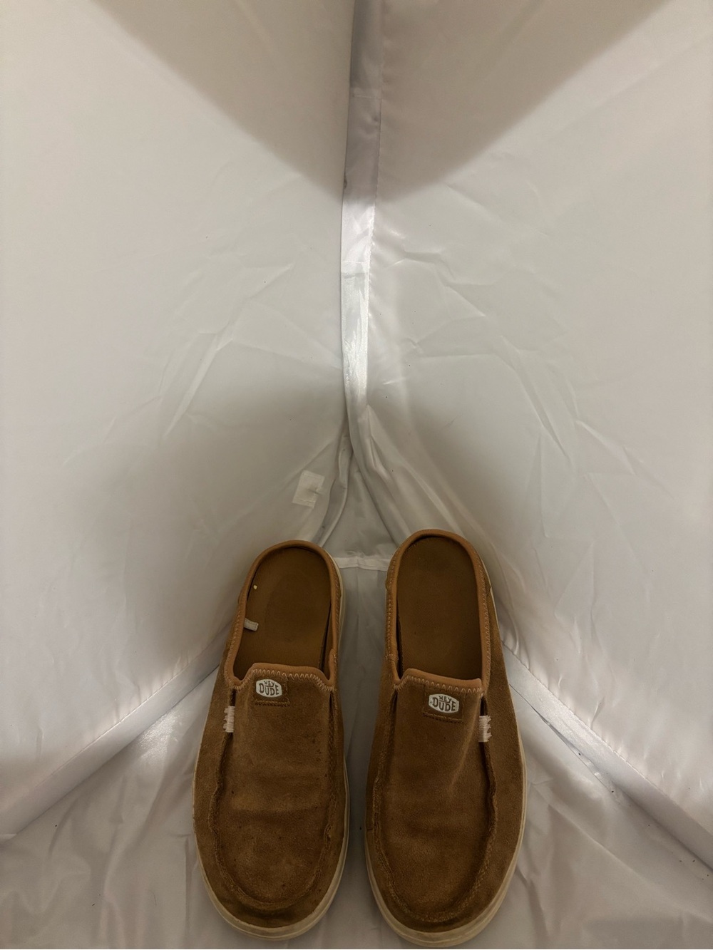 These are the tan suede Hey Dude Women's Austin Lift Classic slip-on. Size 7